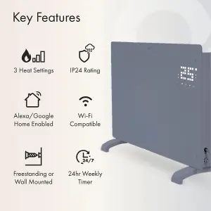 WiFi Smart Electric Glass Panel Heater 1000W Wall Mounted Or Free Standing Grey