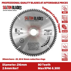 Saxton TCT21680TTCG TCT Circular Saw Blade 216mm x 80T x 30mm Bore (16, 20 and 25.4mm ring)