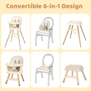 Baby High Chair, 6 in 1 Convertible Wooden High Chair - Cream