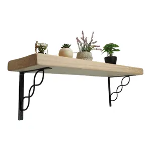 Solid Wood Handmade Rustical Shelf Unprimed 225mm 9 inch with Black Metal Bracket WPRP Length of 110cm