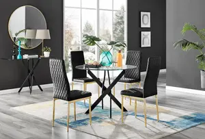 Furniturebox UK Novara Black Leg Round Glass Dining Table & 4 Black Velvet Milan Gold Leg Chairs