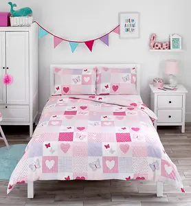 Bloomsbury Mill - Patchwork Butterflies & Hearts Kids Double Bed Duvet Cover and Pillowcases Set for Girls - Double - 200 x 200cm