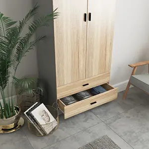 URBNLIVING 180cm Tall Wooden 2 Door Wardrobe Grey Carcass and Oak Drawers With 2 Drawers Bedroom Storage Hanging Bar Clothes