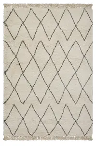 Cream Grey Rug, Handmade Shaggy Rug, Chequered Rug, Moroccan Kilim Modern Rug for Bedroom, & Dining Room-200cm X 290cm