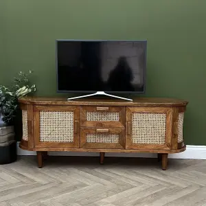 Elm Home And Garden Soild Mango Wood Rattan Oval Tv Media Unit Doors Dark Oak Finish 140cm Wide Assembled