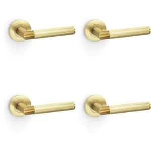 4 PACK - SOLID BRASS Knurled Door Handle Set - Satin Brass Mitred Lever on Round Rose