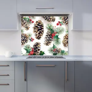 Festive Pine Cones and Holly Premium Glass Kitchen Splashback W700mm x H750mm