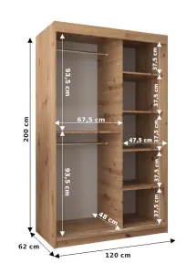 Chic Torino Mirrored Sliding Door Wardrobe (H)2000mm  (W)1200mm (D)620mm - Stylish Storage in Oak Artisan