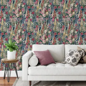 Grandeco Handpainted Delphinium Forest Floral Garden Textured Wallpaper, Navy Blue