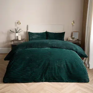 Faux Fur Ribbed Fleece Duvet Cover Bedding Set, Green - Superking