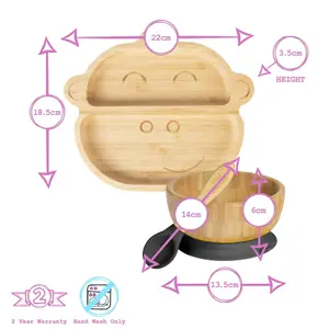 Tiny Dining 4pc Monkey Bamboo Suction Baby Feeding Set - Pastel Pink