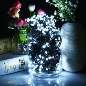 Bright White Black Cable Connectable Indoor & Outdoor Garden Party Weatherproof LED String Lights (100 LED's (10m), Battery Box)