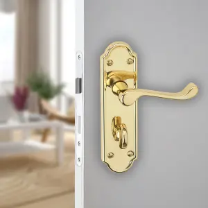 URBNLIVING 174mm Length 2 Pcs Ashworth Metal & Polished Brass Lever Latch Bathroom Door Handles Set