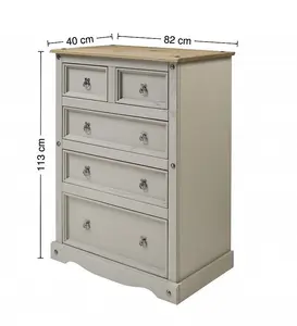 Mercers Furniture Corona Grey Wax Compact 2+3 Chest of 5 Drawers Solid Pine with Mexican Styling