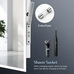 EMKE Bluetooth Bathroom Mirror with Shaver Socket, 400x600mm Blue Atmosphere Light Mirror with 2 Color, Dimmable, Demister