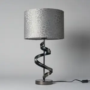 Litecraft Spiral Black Table Lamp with Grey Giraffe Flock Shade