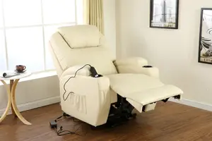 Rise Recliner Chair With Single Motor, Heat And Massage, Remote Control, Pocket Storage And Cup Holders In Cream Bonded Leather