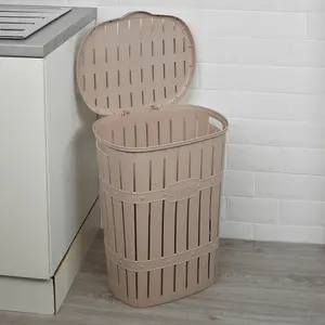 URBNLIVING 65L Brown Plastic Bamboo Style Laundry Basket Storage Bin With Handles & Easy Open Lid