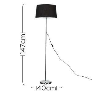 ValueLights Modern Standard Floor Lamp In Polished Chrome Finish With Black Tapered Shade