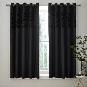 Catherine Lansfield Lattice Cut Velvet 66x72 Inch Eyelet Curtains Two Panels Black