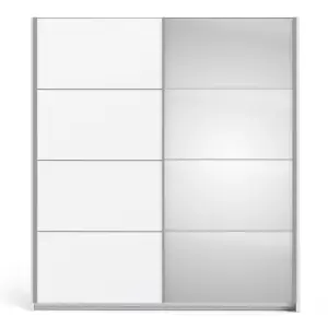 Verona Sliding Wardrobe 180cm in White with White and Mirror Doors with 2 Shelves