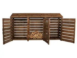 Slatted wooden log store with door W-335cm, H-180cm, D-88cm - brown finish