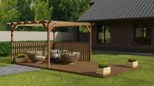 Rectangular pergola and decking kit with balustrade V.2, 3.6m x 4.2m, Rustic brown finish