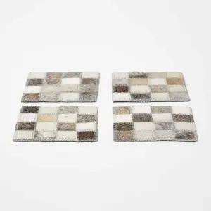 Homescapes Block Check Grey Leather Coasters Set of 4