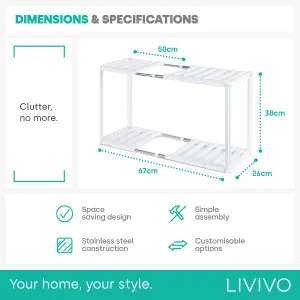 LIVIVO 2-Tier Under Sink Shelf Storage Organiser - Metal Adjustable Extendable Rack for Bathroom, Kitchen, Cupboard & Cabinet