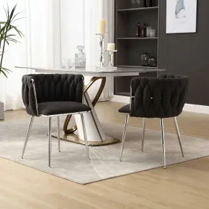 Pair of Modern Hand Weaving Dining Chairs Upholstered Side Chairs Kitchen Chairs with Armrest for Dining Room Black