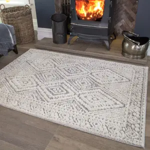 Chic Grey White Border Diamond Geometric Plush Scandi Area Rug 240x330cm