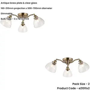 2 PACK Antique Brass Semi Flush Low Ceiling Light - Clear Multi Arm Glass - 3 X 7W LED E14