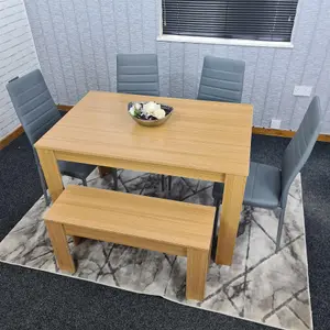 Dining Table and 4 Chairs With Bench Oak Effect Wood 4 Grey Leather Chairs Dining Room