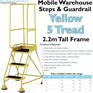 5 Tread Mobile Warehouse Steps & Guardrail YELLOW 2.2m Portable Safety Stairs