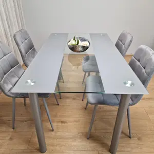 Grey Clear Glass Dining Table With 4 Grey Tufted Velvet Chairs Dining Set