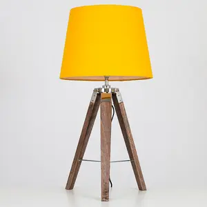 ValueLights Clipper Modern Distressed Wood and Silver Chrome Tripod Table Lamp with Mustard Light Shade