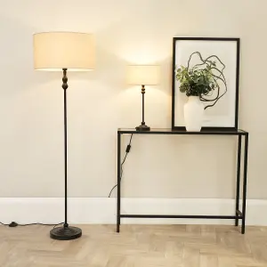 ValueLights Maggie Black Metal Candlestick Floor Lamp with Natural Fabric Lamp Shade and LED Bulb