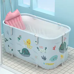 Sky Blue Ocean Large Portable Folding Bathtub Family Soaking Tub with Cushion for Small Bathroom 120cm