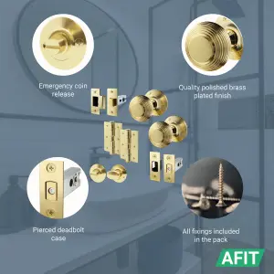 AFIT Beehive Door Knob Set Polished Brass - 1 Pair of Reeded Knobs (55mm), Latch & Deadbolt (76mm), Hinges (76mm) & Turn & Release