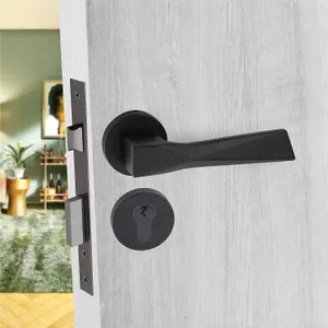 1 Pair Modern Lima Euro Lock Door Handles, 70mm Key & Thumbturn Barrell Matt Black Finish and Ball Bearing HInges - Golden Grace