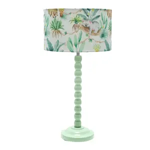 Sage Green Bobbin Stem Table Lamp with Tropical Drum Shade for Living Room Bedroom