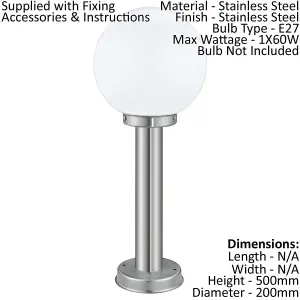 IP44 Outdoor Bollard Light Stainless Steel & Orb 1 x 60W E27 500mm Lamp Post