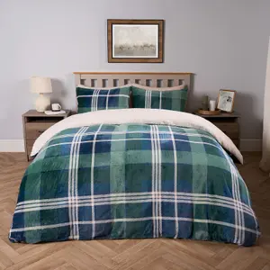 Tartan Fleece Duvet Cover Bedding Check Sherpa Soft Set, Navy/Green - Double