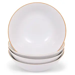 Set of 4 White Ceramic Dinner Bowls with Elegant Orange Rim - Durable & Stylish