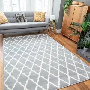 Grey White Classic Trellis Living Room Rug 80x150cm