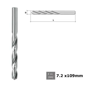 Quality Drill Bit For Metal HSS DIN 338 Silver - Diameter 7.2mm - Length 109mm