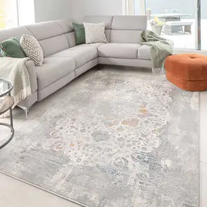 Silver Multicolour Distressed Floral Medallion Area Rug 80x150cm