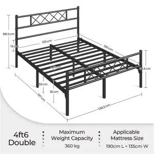 Yaheetech Black 4ft6 Double Simple Metal Bed Frame with Cross-design Headboard & Footboard