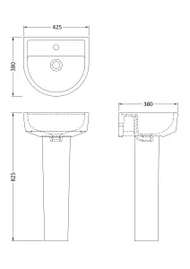 Mila Ceramic D Shape Basin & Full Pedestal (Tap Not Included), 420mm - Balterley