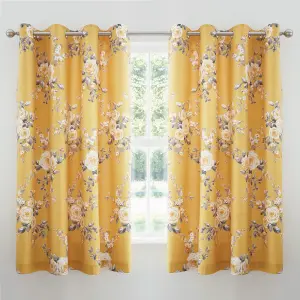 Catherine Lansfield Canterbury Floral 66x72 Inch Eyelet Curtains Two Panels Ochre